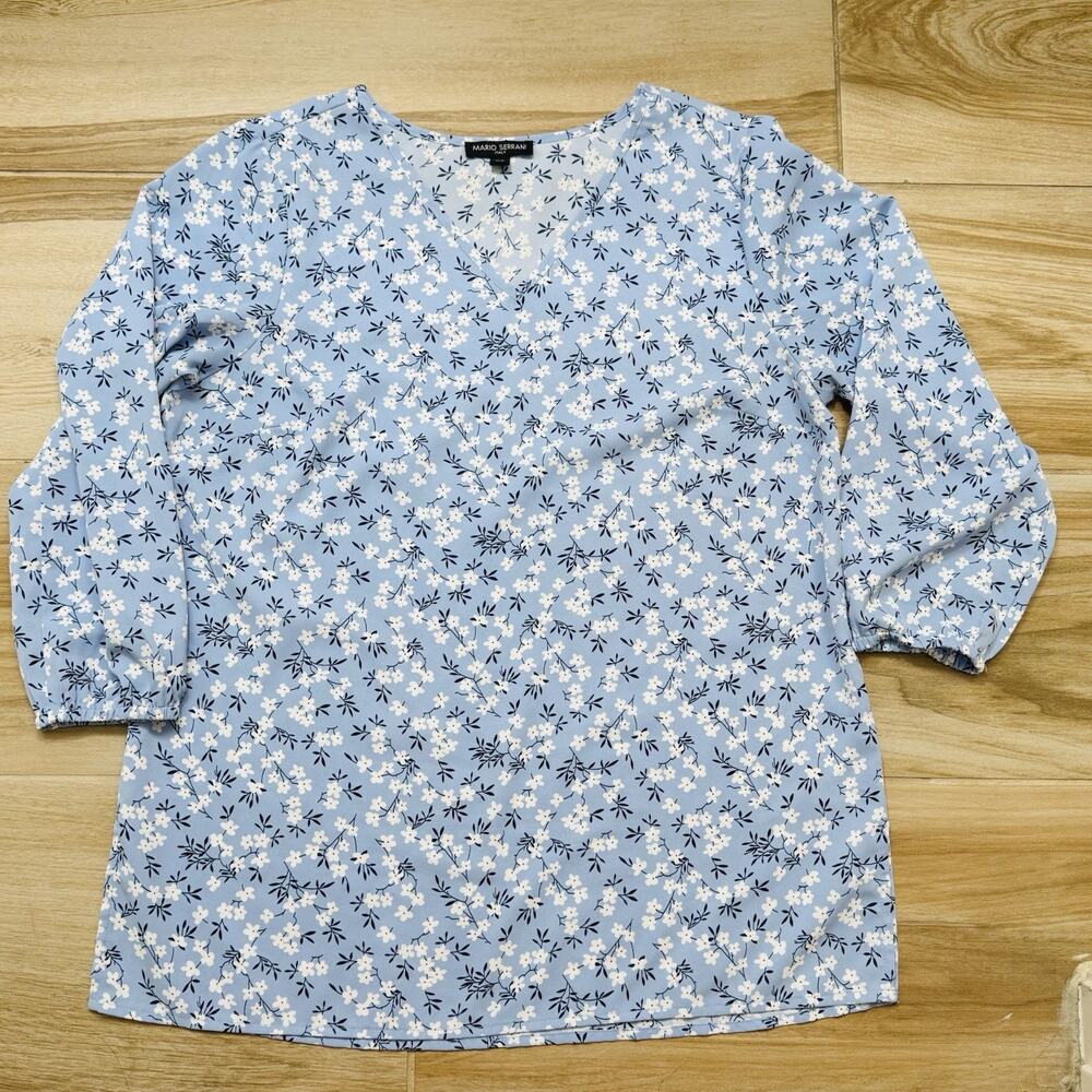 Mario Serrani Women's Tunic V-Neck Top Blue/White/Black Floral Print SZ Medium